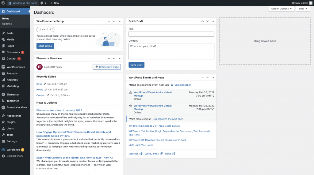 WordPress Dashboard Screenshot Sheffield Website Hosting