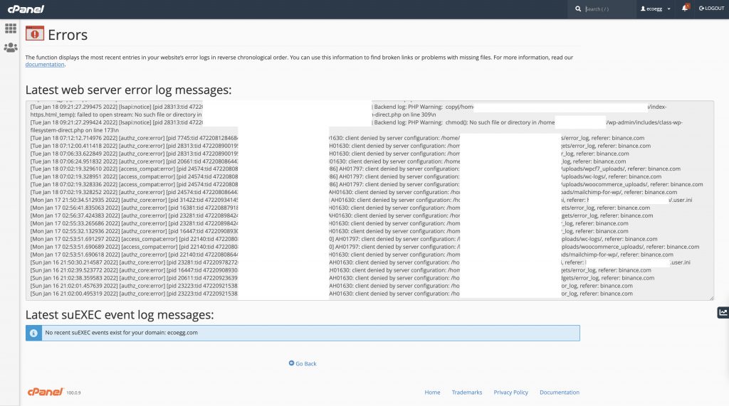 cPanel Error Logging Screenshot Sheffield Website Hosting